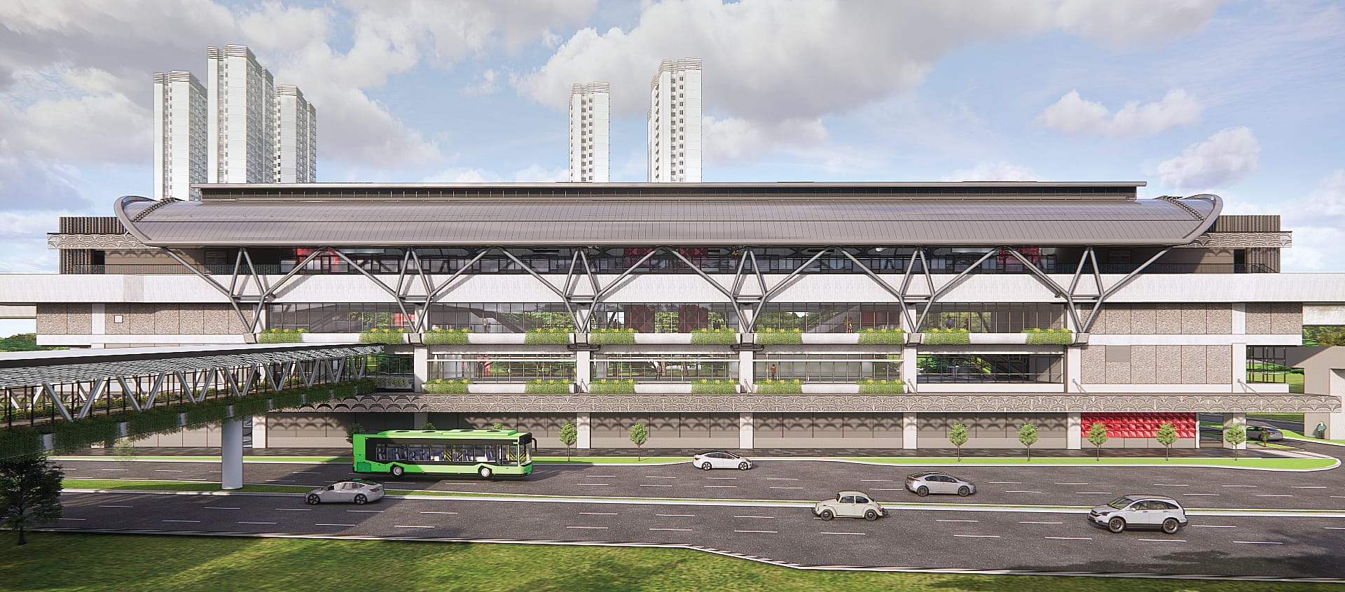 Architectural rendering of a modern transit station with elevated walkway and bus stop.